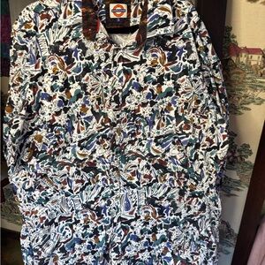 Men's Casual Button-Down Shirt - Abstract Floral Print in White, Blue & Green